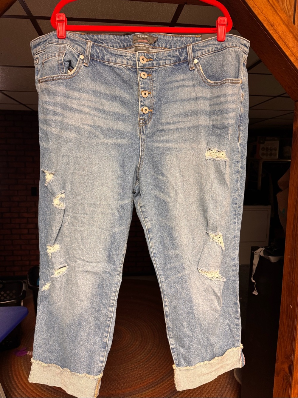 torrid Light Blue Distressed Cropped Jeans with Button Fly